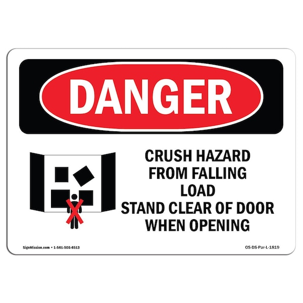 OSHA Sign, Crush Hazard From Falling Load, 5in X 3.5in Decal, 10PK, 5" W, 3.5" H, Landscape, PK10